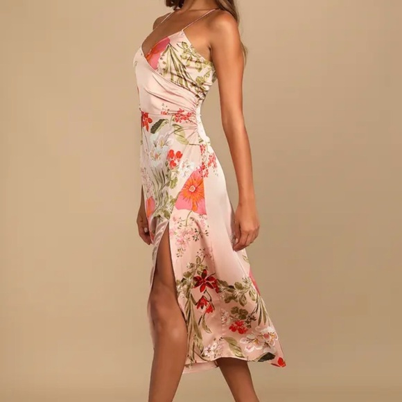 Lulu's Pink Floral Satin Midi Dress with Side Slit - Picture 2 of 5
